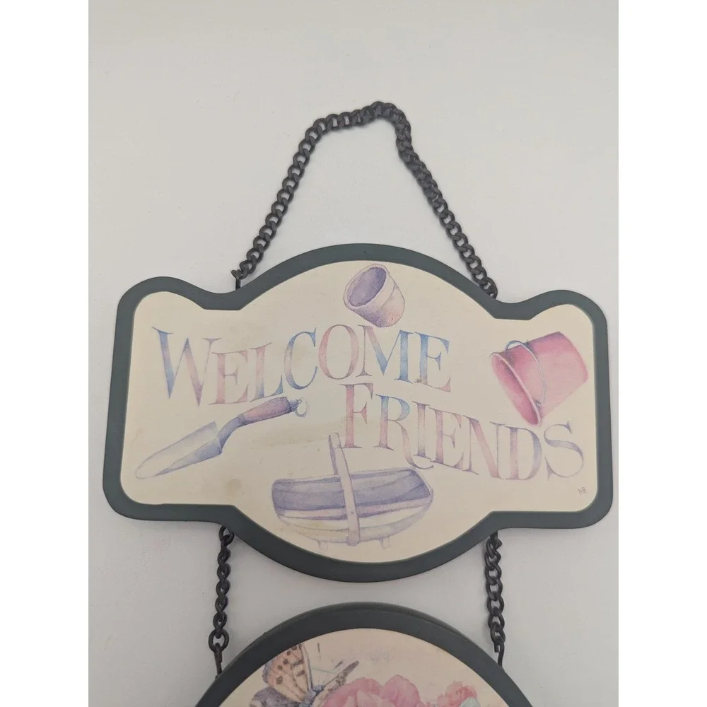 Marjolein Bastin Vintage Welcome Friends Hanging Wall Sign Floral Garden‎ 1999